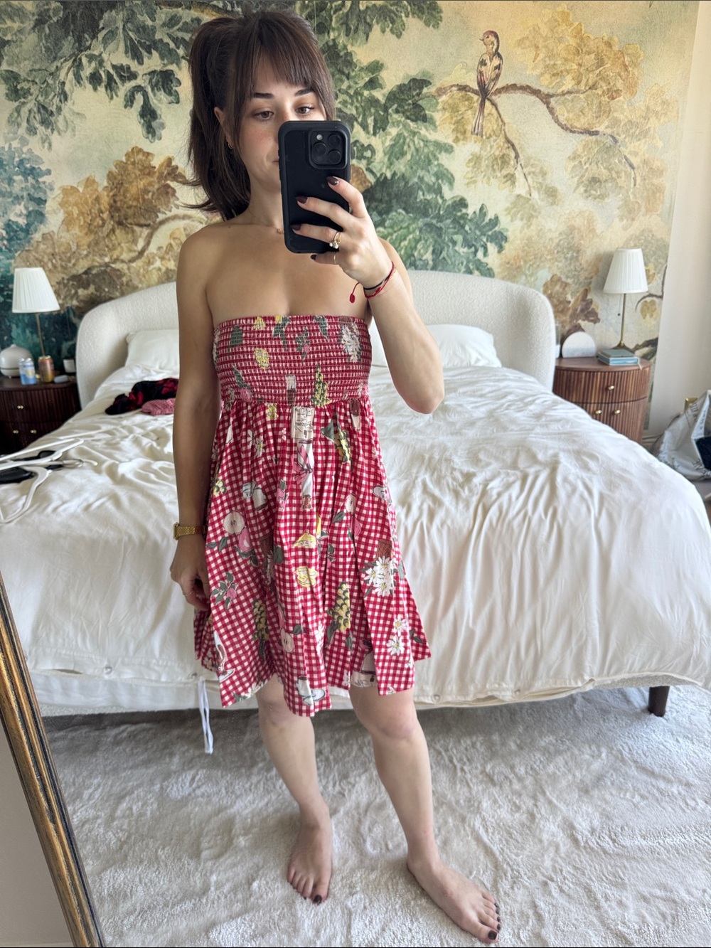 BDG Red Gingham Floral Strapless Sundress